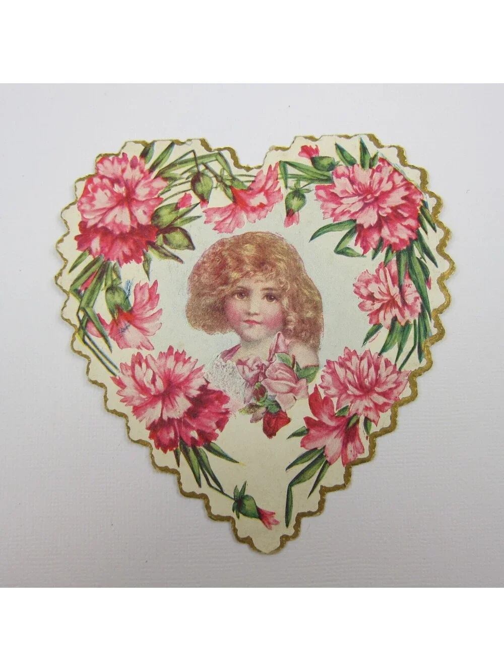 Valentine Card Girl Pink Carnation Flowers Heart Embossed Die cut Bifold Antique